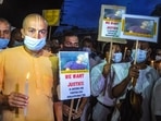 Members of Iskcon stage protest against the violence at a temple in Bangladesh, in Kolkata on Sunday. (PTI) Members of Iskcon stage protest against the violence at a temple in Bangladesh, in Kolkata on Sunday. (PTI)