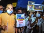 Iskcon members in Kolkata protest against the violence in Bangladesh on Sunday.(PTI Photo) Iskcon members in Kolkata protest against the violence in Bangladesh on Sunday.(PTI Photo)