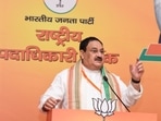 BJP chief JP Nadda addressing a meeting of party's office bearers in New Delhi on Monday. BJP chief JP Nadda addressing a meeting of party's office bearers in New Delhi on Monday.