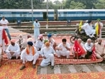 Farmers blocked railway tracks at railway station Amritsar on Monday. Farmers blocked railway tracks at railway station Amritsar on Monday.