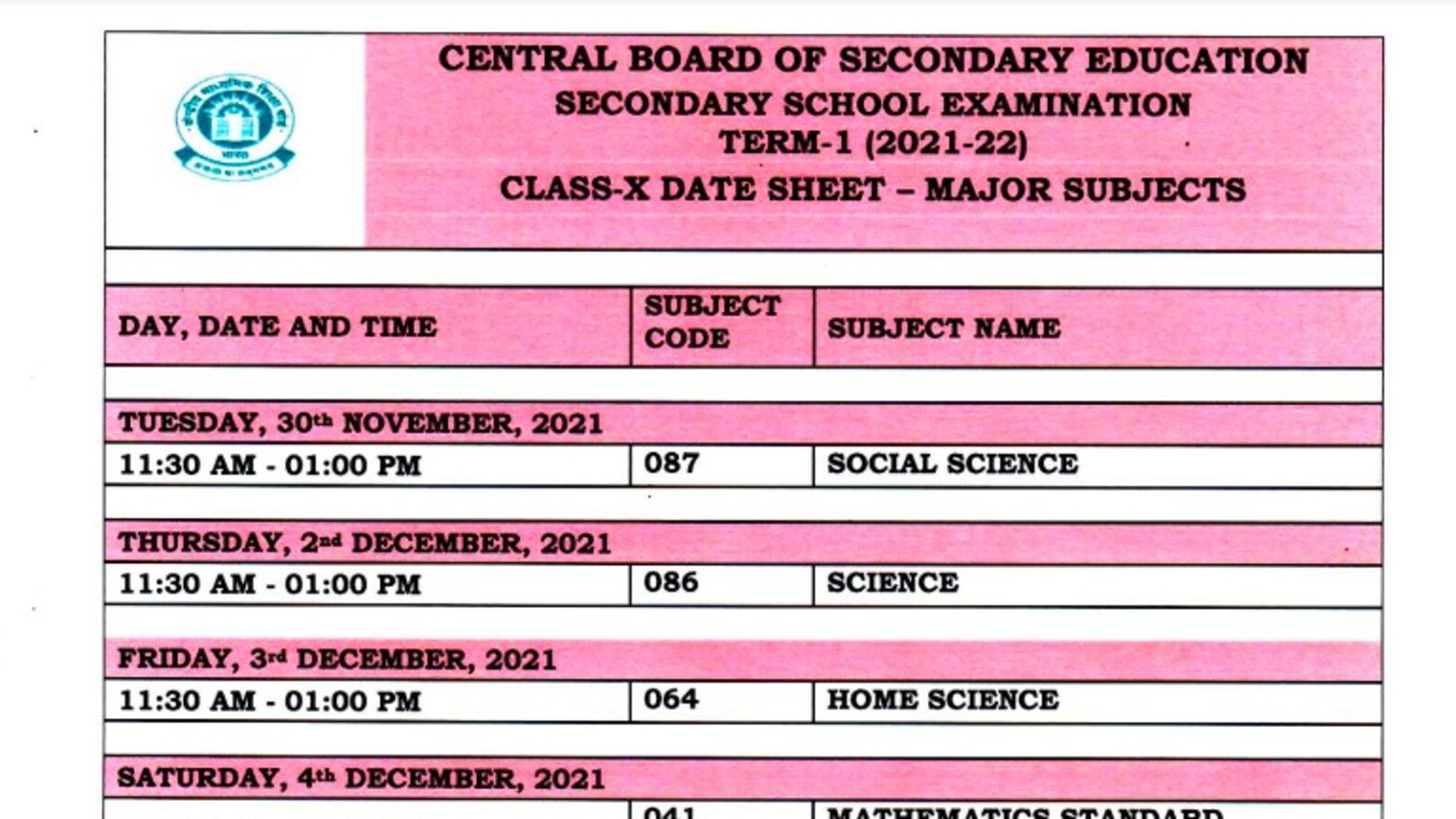 CBSE Date Sheet 2021 For Class 10 Term 1 Exams Released Check Time 