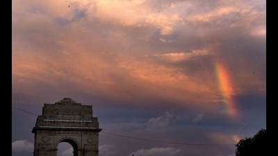 A rainbow seen near India Gate on Monday. Monday’s spell of long and widespread rain was the most in 24 hours since 1956; with this Delhi has broken a weather record for the 15th straight month. (Arvind Yadav/HT PHOTO) A rainbow seen near India Gate on Monday. Monday’s spell of long and widespread rain was the most in 24 hours since 1956; with this Delhi has broken a weather record for the 15th straight month. (Arvind Yadav/HT PHOTO)