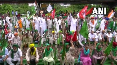 Protestors block railway tracks at Bahadurgarh in protest against Lakhimpur Kheri incident. (ANI) Protestors block railway tracks at Bahadurgarh in protest against Lakhimpur Kheri incident. (ANI)