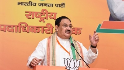 BJP chief JP Nadda addressing a meeting of party's office bearers in New Delhi on Monday.