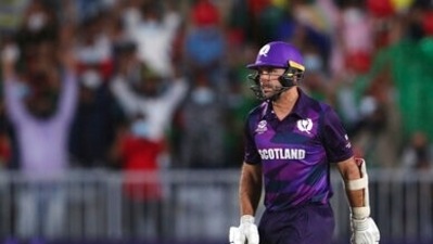 Scotland's captain Kyle Coetzer reacts after being bowled by Bangladesh's bowler Mohammad Saifuddin for a duck during the Cricket Twenty20 World Cup first round match between Bangladesh and Scotland in Muscat, Oman, Sunday, Oct. 17, 2021. (AP Photo/Kamran Jebreili) (AP) Scotland's captain Kyle Coetzer reacts after being bowled by Bangladesh's bowler Mohammad Saifuddin for a duck during the Cricket Twenty20 World Cup first round match between Bangladesh and Scotland in Muscat, Oman, Sunday, Oct. 17, 2021. (AP Photo/Kamran Jebreili) (AP)