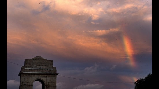 A rainbow seen near India Gate on Monday. Monday’s spell of long and widespread rain was the most in 24 hours since 1956; with this Delhi has broken a weather record for the 15th straight month. (Arvind Yadav/HT PHOTO)