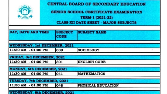 CBSE 12th date sheet 2021 for term 1 exams released check time