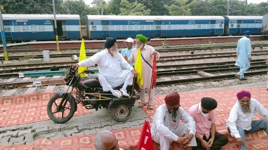 Farmers blocked railway tracks at railway station Amritsar, Punjab.