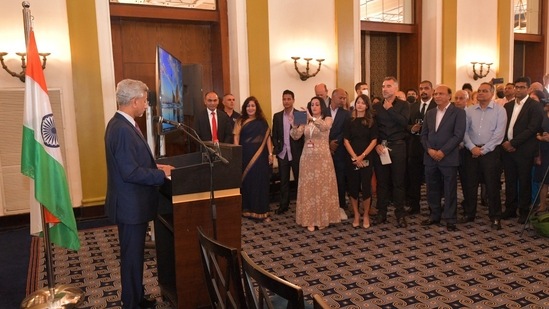 Foreign minister S Jaishankar addressing the Indian Jewish community in Israel on Sunday.(Twitter/@DrSJaishankar)