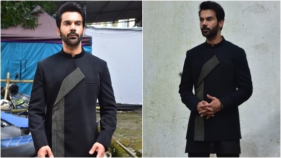 Rajkummar Rao looked dapper in a bandhgala jacket and pants set. The jacket featured a silver patch that ramped up the contemporary look. Rajkummar wore the jacket over a black kurta.(HT Photo/Varinder Chawla)