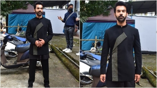 The actor teamed the ensemble with matching mojaris and watch. A rugged beard look with a sleek hairdo rounded off Raj's film promotion look for the day.(HT Photo/Varinder Chawla)
