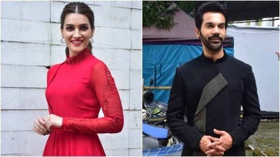 Kriti Sanon and Rajkummar Rao were snapped in Mumbai today promoting their upcoming film Hum Do Humare Do. The actors chose elegant ensembles that mixed traditional and contemporary styles.(HT Photo/Varinder Chawla)