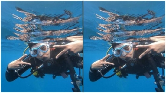 Priyanka Chopra, in her scuba diving gear, posed under the water.(Instagram/@priyankachopra)