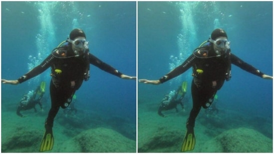 “There are days when the stress just needs to be silenced,” and this is how she chose to do it – in her scuba diving gear, underwater and with a bright smile.(Instagram/@priyankachopra)