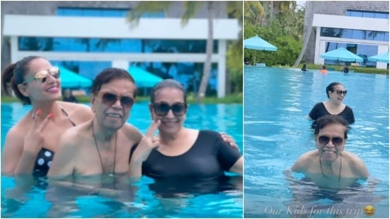 Bipasha Basu takes a dip in the pool with her parents Mamta Basu and Hirak Basu in the Maldives.(Instagram/@bipashabasusinghgrover)