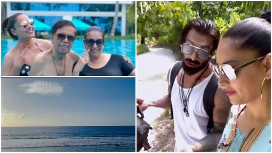 Bipasha Basu, her husband Karan Singh Grover, her parents Mamta Basu and Hirak Basu are currently in the Maldives having a gala time.(Instagram/@bipashabasusinghgrover)