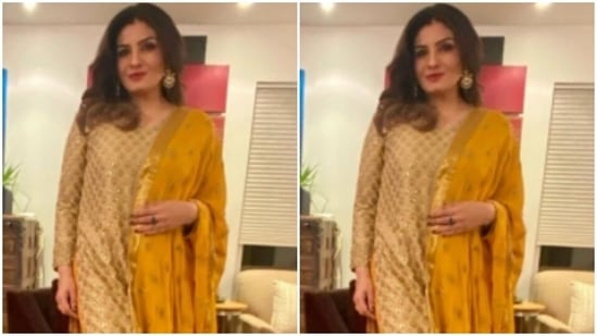 She teamed her cream white and golden kurta with a yellow pair of sharara set and added a yellow dupatta.(Instagram/@officialraveenatandon)