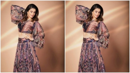 Another day, another stunning ensemble from Raveena’s wardrobe. This time she chose blue and cream white combination and posed in a lehenga.(Instagram/@officialraveenatandon)