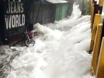 Water gushes from the Nainital Lake as it overflows and floods the streets amid incessant rainfall in Uttarakhand.&nbsp;(ANI Photo)