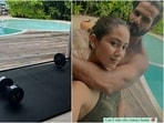 Mira Rajput works out with barbell and dumbbell at Maldives, asks if she can take 'trainer' Shahid Kapoor home(Instagram/@mira.kapoor)