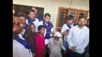 Bhim Army chief Chandrashekhar Azad with Singhu border lynching victim Lakhbir Singh’s family at Tarn Taran district’s Cheema Kalan village.