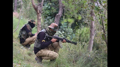 Security personnel in position at the encounter site in Bhatadurian area of Mendhar in Poonch district (PTI) Security personnel in position at the encounter site in Bhatadurian area of Mendhar in Poonch district (PTI)