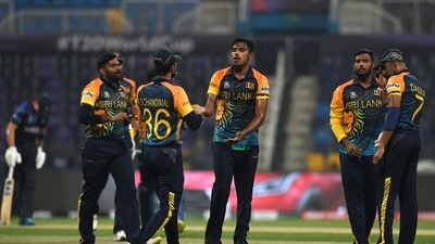 UAE, Oct 18 (ANI): Sri Lanka's Theekshana celebrates the wicket of the Namibia's Jan Frylinck during the ICC Mens T20 World Cup 2021 match between Sri Lanka and Namibia, at Sheikh Zayed Stadium in Abu Dhabi on Monday. (ANI Photo) (ANI)