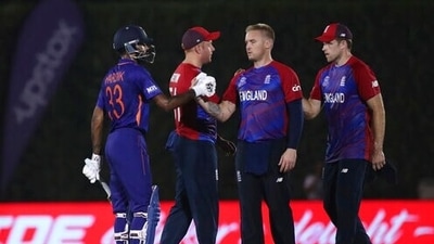 India's Hardik Pandya, left, greets England players at the end of the Cricket Twenty20 World Cup warm-up match between India and England in Dubai, UAE, Monday, Oct. 18, 2021. (AP Photo/Aijaz Rahi) (AP) India's Hardik Pandya, left, greets England players at the end of the Cricket Twenty20 World Cup warm-up match between India and England in Dubai, UAE, Monday, Oct. 18, 2021. (AP Photo/Aijaz Rahi) (AP)