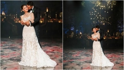 For her reception, Jennifer changed into a custom light ivory French macrame lace trumpet gown, lined in nude tulle, with a square neckline and embellished by hand appliqué French macrame lace on the skirt and straps. The details were shared by Vera Wang on their Instagram page. (Instagram/@hmrdesigns) For her reception, Jennifer changed into a custom light ivory French macrame lace trumpet gown, lined in nude tulle, with a square neckline and embellished by hand appliqué French macrame lace on the skirt and straps. The details were shared by Vera Wang on their Instagram page. (Instagram/@hmrdesigns)