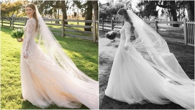 For her fairytale wedding, Jennifer wore a custom light ivory, long sleeve A-line gown by Vera Wang. It came adorned with "hand appliqué French macrame lace on the bodice, sleeves and flowing onto a diaphanous light ivory and champagne Italian tulle skirt," the designer revealed on Instagram. (Instagram/@verawanggang) For her fairytale wedding, Jennifer wore a custom light ivory, long sleeve A-line gown by Vera Wang. It came adorned with "hand appliqué French macrame lace on the bodice, sleeves and flowing onto a diaphanous light ivory and champagne Italian tulle skirt," the designer revealed on Instagram. (Instagram/@verawanggang)