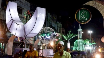Hyderabad: Streets illuminate with lights on the occasion of Eid Milad-un-Nabi, in Hyderabad, on Monday, October 18, 2021.&nbsp; (PTI)