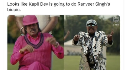 Kapil Dev's look as Ranveer Singh in new ad. (Twitter/@Dusty_Bun6o4)