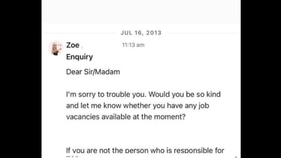 The woman shares a rejection letter for a job she had applied 8 years ago. (Instagram/@zoebeebeauty) The woman shares a rejection letter for a job she had applied 8 years ago. (Instagram/@zoebeebeauty)