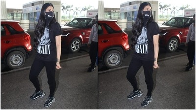 All masked up, Shruti paired her attire with a pair of black and white sneakers. (HT Photos/Varinder Chawla) All masked up, Shruti paired her attire with a pair of black and white sneakers. (HT Photos/Varinder Chawla)