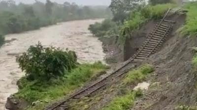 The trains to Nainital’s Kathgodam railway station were also cancelled after the station’s shunting line was washed away in heavy rains (HT Photo) The trains to Nainital’s Kathgodam railway station were also cancelled after the station’s shunting line was washed away in heavy rains (HT Photo)