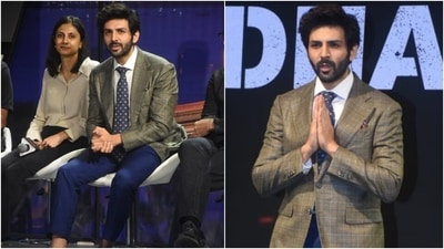 Kartik completed his ensemble with bright blue pants, a crisp white shirt, printed blue tie, a rugged beard and a side-parted hairdo. He also wore Christian Louboutin tan coloured shoes to round it off. (HT Photo/Varinder Chawla) Kartik completed his ensemble with bright blue pants, a crisp white shirt, printed blue tie, a rugged beard and a side-parted hairdo. He also wore Christian Louboutin tan coloured shoes to round it off. (HT Photo/Varinder Chawla)