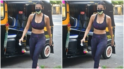 She teamed a black and violet striped sports bra with a pair of gym trousers of the same print. (HT Photos/Varinder Chawla) She teamed a black and violet striped sports bra with a pair of gym trousers of the same print. (HT Photos/Varinder Chawla)