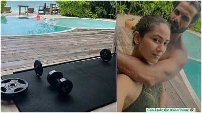 Mira Rajput works out with barbell and dumbbell at Maldives, asks if she can take 'trainer' Shahid Kapoor home (Instagram/@mira.kapoor) Mira Rajput works out with barbell and dumbbell at Maldives, asks if she can take 'trainer' Shahid Kapoor home (Instagram/@mira.kapoor)