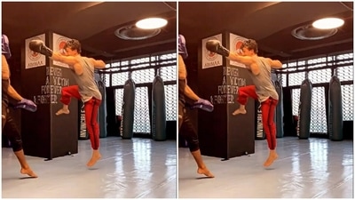 The one where Tiger Shroff had a boxing fight with his trainer. While he can be seen throwing punches repeatedly at his trainer, he jumped in air and threw his last punch before stopping. (Instagram/@tigerjackieshroff) The one where Tiger Shroff had a boxing fight with his trainer. While he can be seen throwing punches repeatedly at his trainer, he jumped in air and threw his last punch before stopping. (Instagram/@tigerjackieshroff)