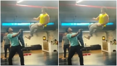 Tiger Shroff aced this gymnastic position. In this video, he can be seen jumping on air and swirling his own body four times before coming back down on the ground. (Instagram/@tigerjackieshroff) Tiger Shroff aced this gymnastic position. In this video, he can be seen jumping on air and swirling his own body four times before coming back down on the ground. (Instagram/@tigerjackieshroff)