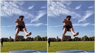 Tiger scooped out some time from his busy routine and practiced his workout routine in a park. He jumped in air and swirled his body multiple times. “What an unbelievable day it is and was,” he wrote. (Instagram/@tigerjackieshroff) Tiger scooped out some time from his busy routine and practiced his workout routine in a park. He jumped in air and swirled his body multiple times. “What an unbelievable day it is and was,” he wrote. (Instagram/@tigerjackieshroff)