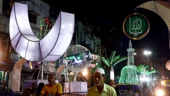 Hyderabad: Streets illuminate with lights on the occasion of Eid Milad-un-Nabi, in Hyderabad, on Monday, October 18, 2021.&nbsp;(PTI)