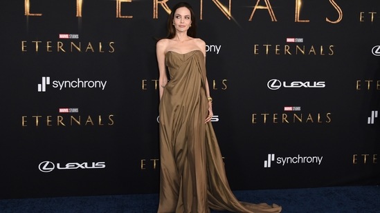 Angelina Jolie poses at the Eternals premieres. (AP)