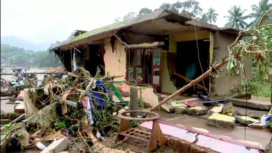 A view of a house damaged due to heavy rains in Kottayam, Kerala, on October 17. (REUTERS)