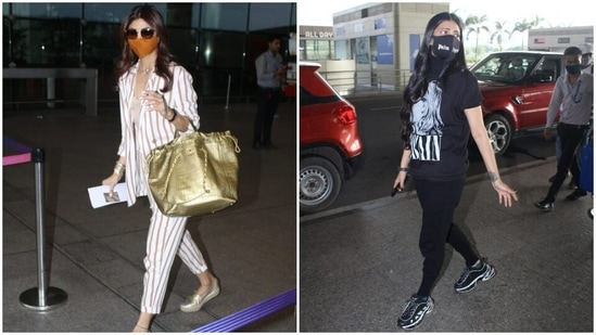 Mumbai airport was star-studded on Tuesday as multiple celebrities flew out of the city. Also while at it, they set major goals of airport fashion, and fashion police have been on constant alert since their appearance. While Shilpa Shetty blended casual and formal, Shruti set sassy standards of casual outlook.(HT Photos/Varinder Chawla)