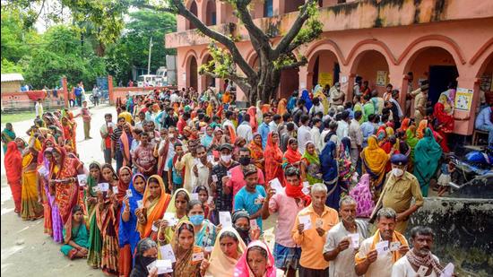 During the second phase of the Bihar panchayat elections, in Hajipur on Sept. 29. (PTI)