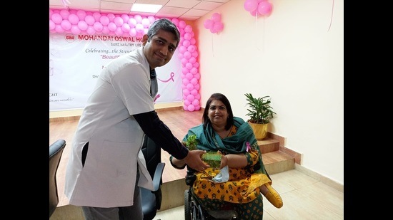 A camp on breast cancer awareness underway at Mohan Dai Cancer Hospital in Ludhiana on Tuesday. (Ht photo)