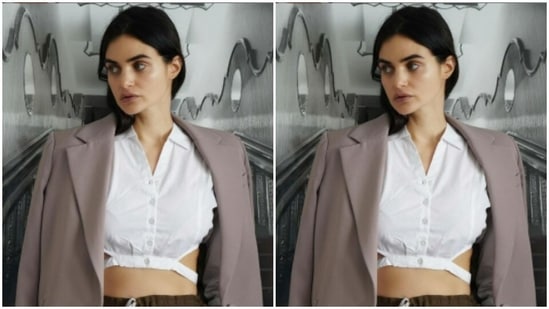 She shared how the same white shirt can be adorned to make a formal fashion statement. She added grey trousers and a lavender blazer to it.(Instagram/@gabriellademetriades)