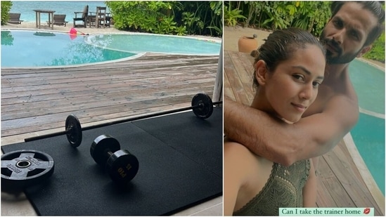 Mira Rajput works out with barbell and dumbbell at Maldives, asks if she can take 'trainer' Shahid Kapoor home(Instagram/@mira.kapoor)