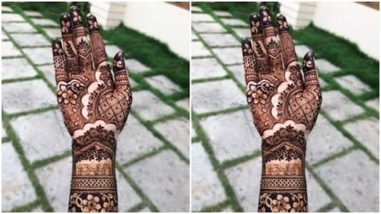 Deck up in this bridal mehendi design and fill your special day with a whole lot of love.(https://www.pinterest.com/)